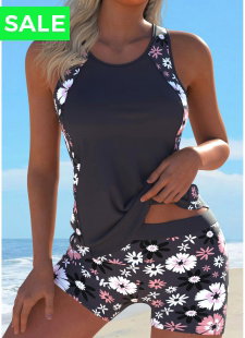 Cut Out Floral Print Gray Brown Tankini Set