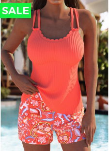 Mid Waisted Paisley Print Coral Tankini Set