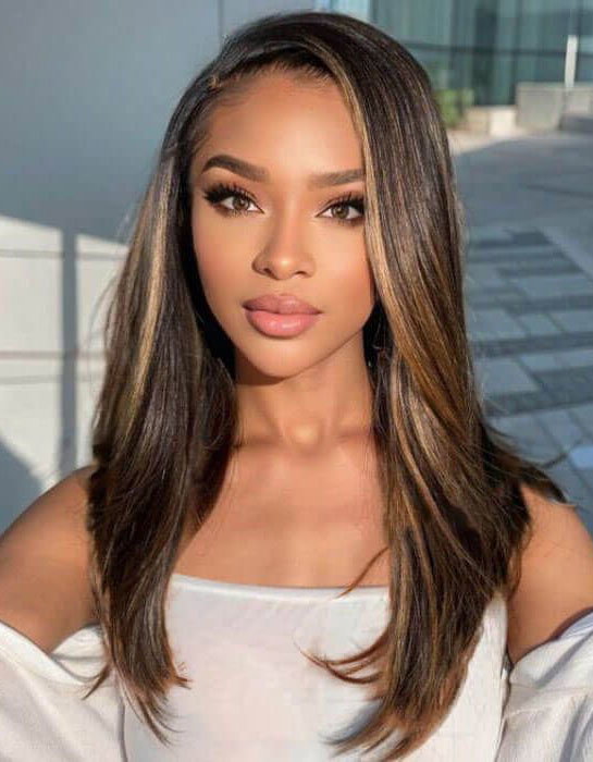 Ready to Wear Brown Highlights Straight Wig Side Part Glueless Human Hair Wigs