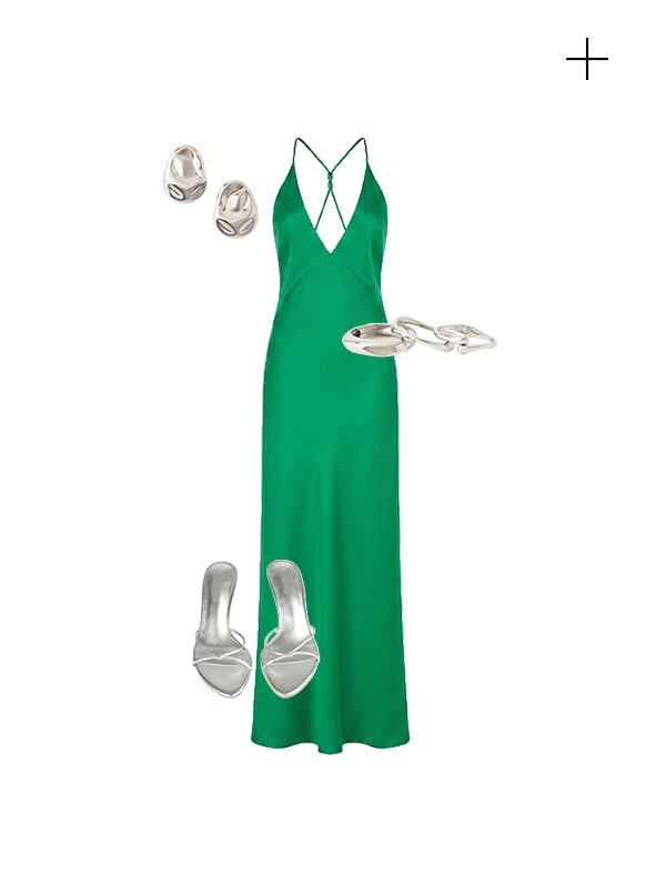 Esmeray Maxi Dress — Emerald Green, Silver Siren Earrings — Silver, Soft Focus Bracelets — Silver & Strappy Heels — Silver  