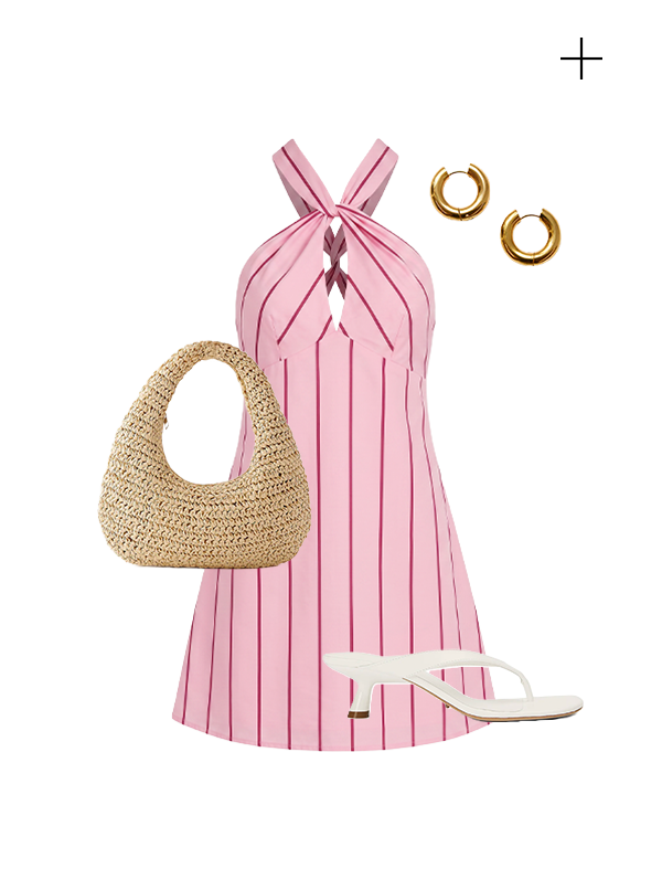 Malric Mini Dress —Strawberry Stripe, Juicy Drop Earrings — Gold, Neevah Shoulder Bag — Natural