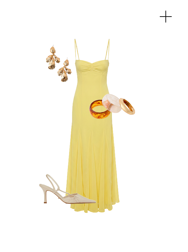 Carlin Maxi Dress — Bright Lemon, Golden Invite Earrings — Gold, Heat Wave Bracelets — Gold, Point Toe Kitten Heels — Beige 