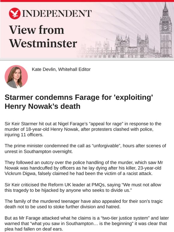 Starmer condemns Farage for ‘exploiting' Henry Nowak’s murder