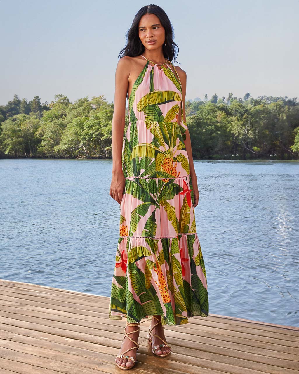 Image of Pink Banana Leaves Sleeveless Maxi Dress