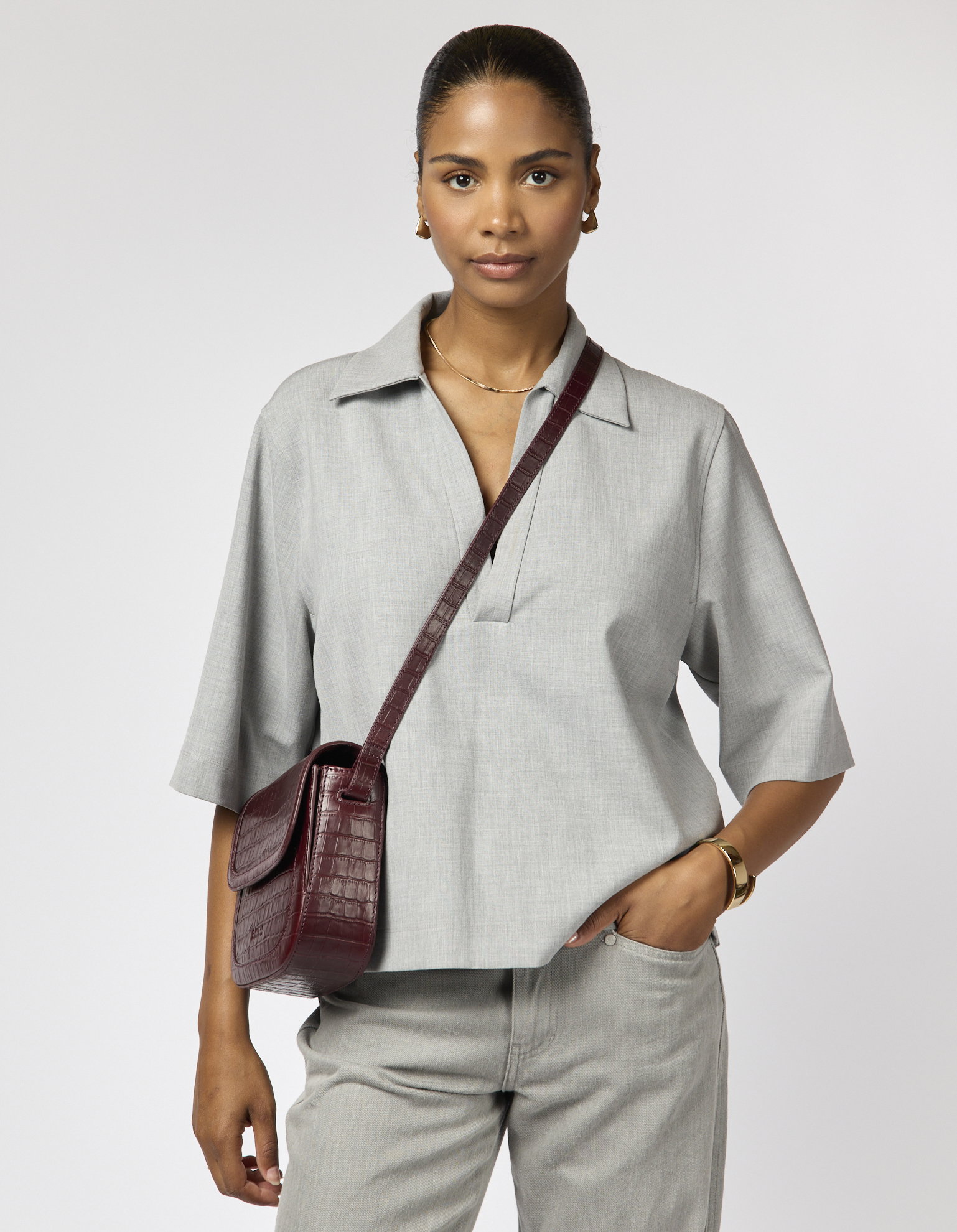 Model wearing Nina in Dark Cherry Croco