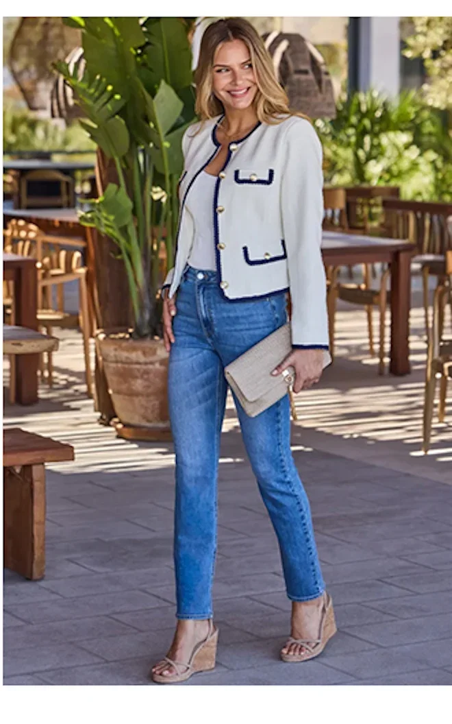 Ivory & Navy Blue Contrast Trim Boucle Jacket