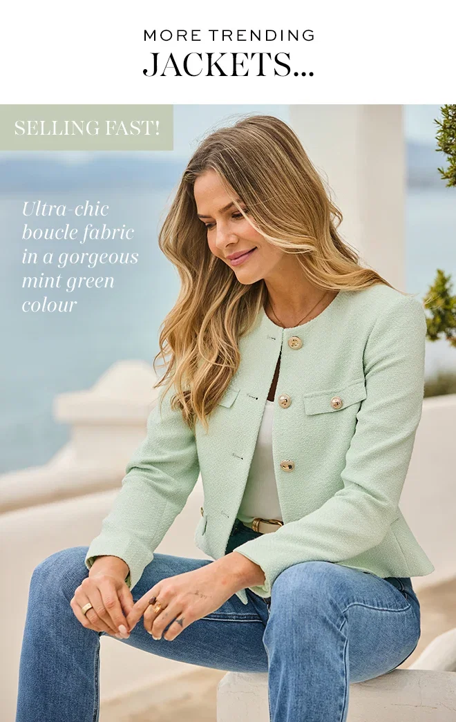 Mint Green Boucle Collarless Jacket With Gold Buttons
