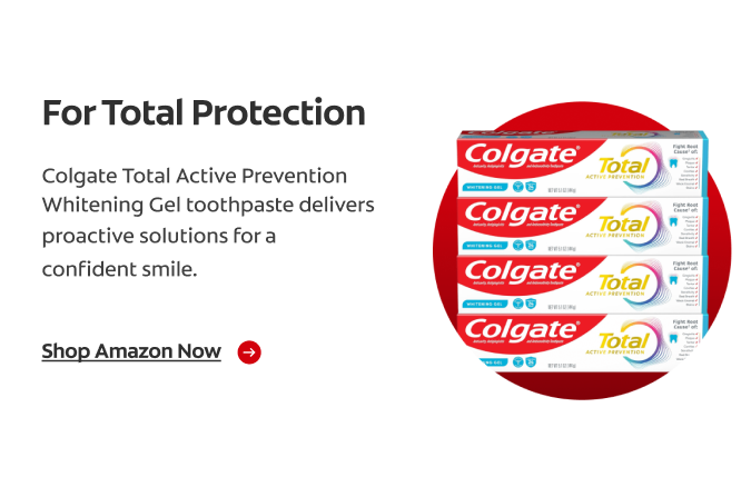 A red circle featuring a 4-pack of Colgate Total Active Prevention Whitening Gel toothpaste. Text describing the toothpaste is next to it.