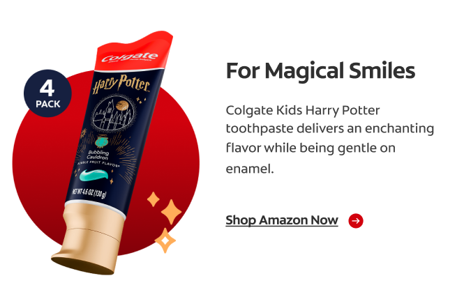 A red circle featuring Colgate Kids Harry Potter toothpaste inside of it. Graphic stars hover next to it as well as text describing the toothpaste is next to it.