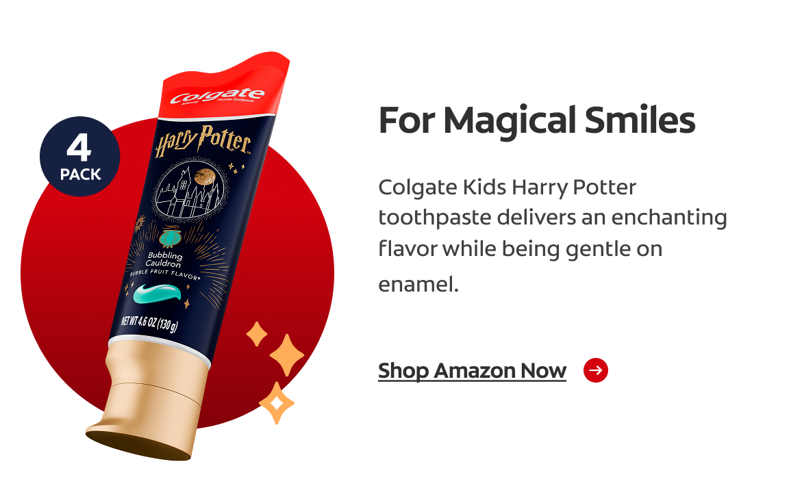 A red circle featuring Colgate Kids Harry Potter toothpaste inside of it. Graphic stars hover next to it as well as text describing the toothpaste is next to it.