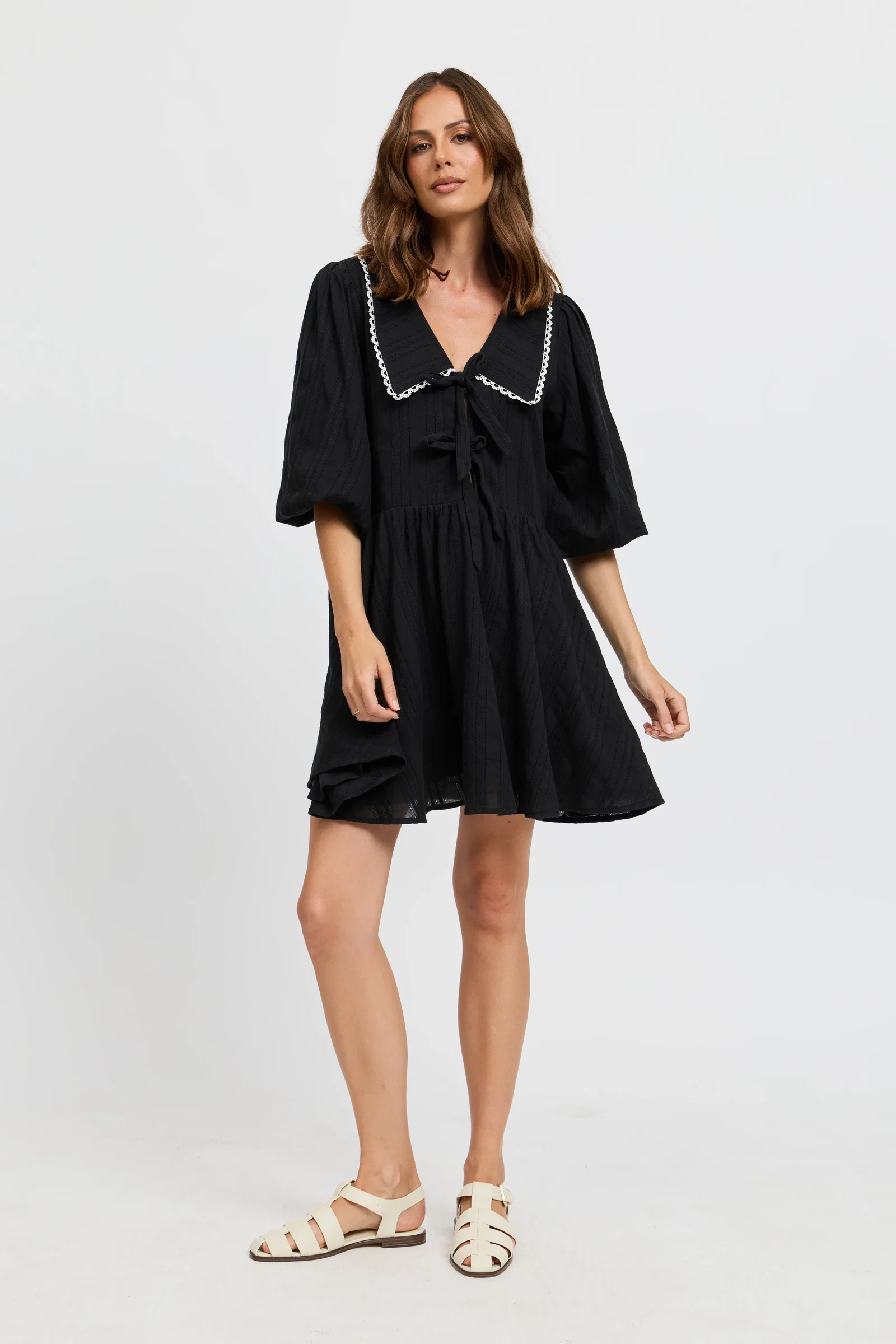Image of Petra Collared Tie-Front Mini Dress - Black