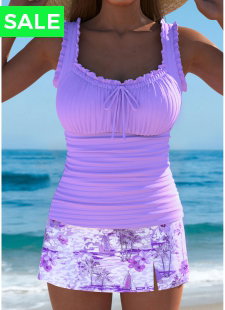 Mid Waisted Tropical Plants Print Light Purple Tankini Set