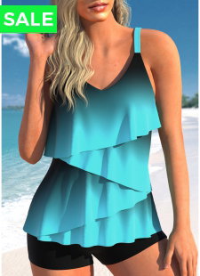 Layered Hem Ombre Cyan Tankini Top