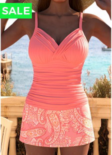 Two Piece Mid Waisted Paisley Print Coral Tankini Set