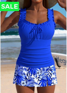 Mid Waisted Tropical Plants Print Royal Blue Tankini Set
