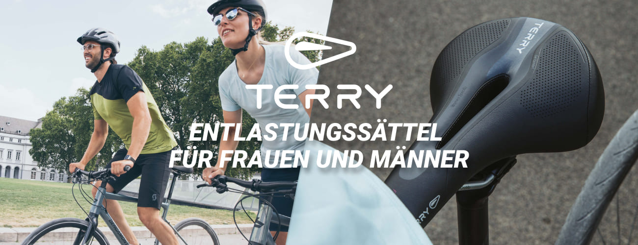 Zwei Radler, eine Nahaufnahme eines Fahrradsattels und das Logo der Firma Terry