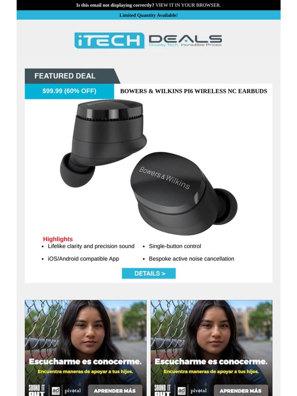 Bowers & Wilkins Pi6 Wireless Earbuds $99 + Free Shipping!