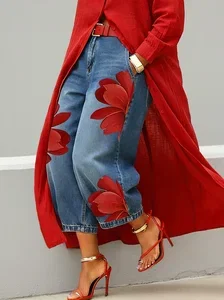 Image of Plus Size Zipper Denim Casual Floral Jeans With No Belt
