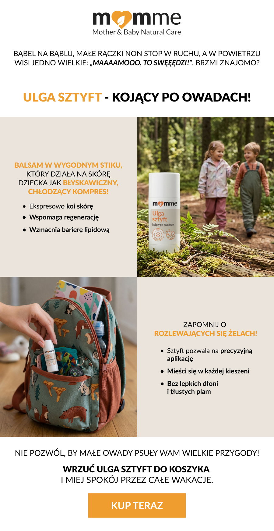 Flyer for momme Ulga Sztyft natural insect-bite soothing stick — product in woodland with two children and stick in a fox-print backpack