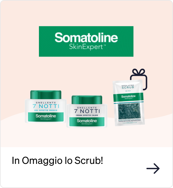 Somatoline SkinExpert 7 Notti body creams with free exfoliating scrub promotional pack on pale background