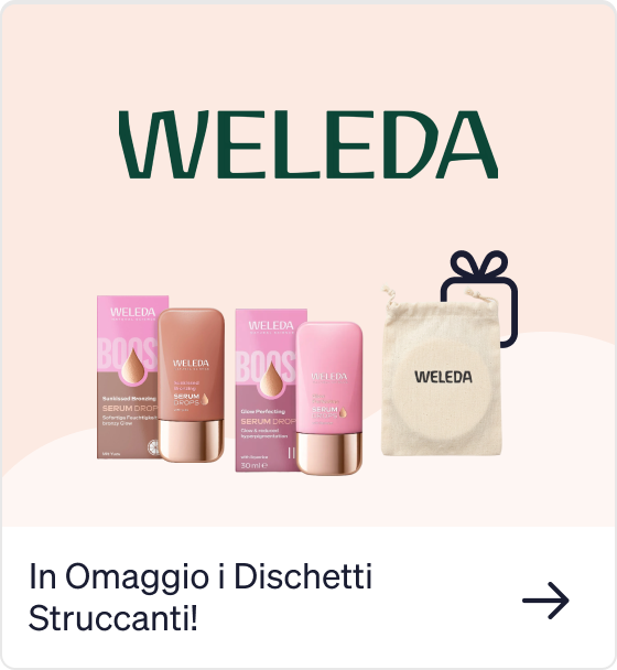 Weleda skincare serum bottles with matching boxes and a Weleda drawstring pouch on a pale pink promotional background