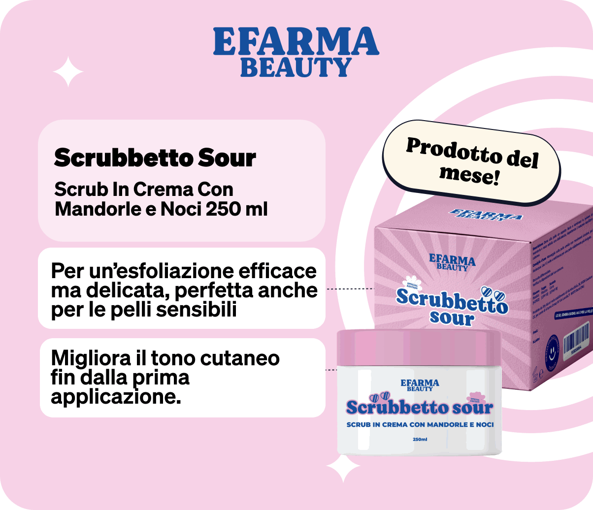 Efarma Beauty Scrubbetto Sour cream scrub 250 ml, almond & walnut, pink jar and box – gentle exfoliation for sensitive skin