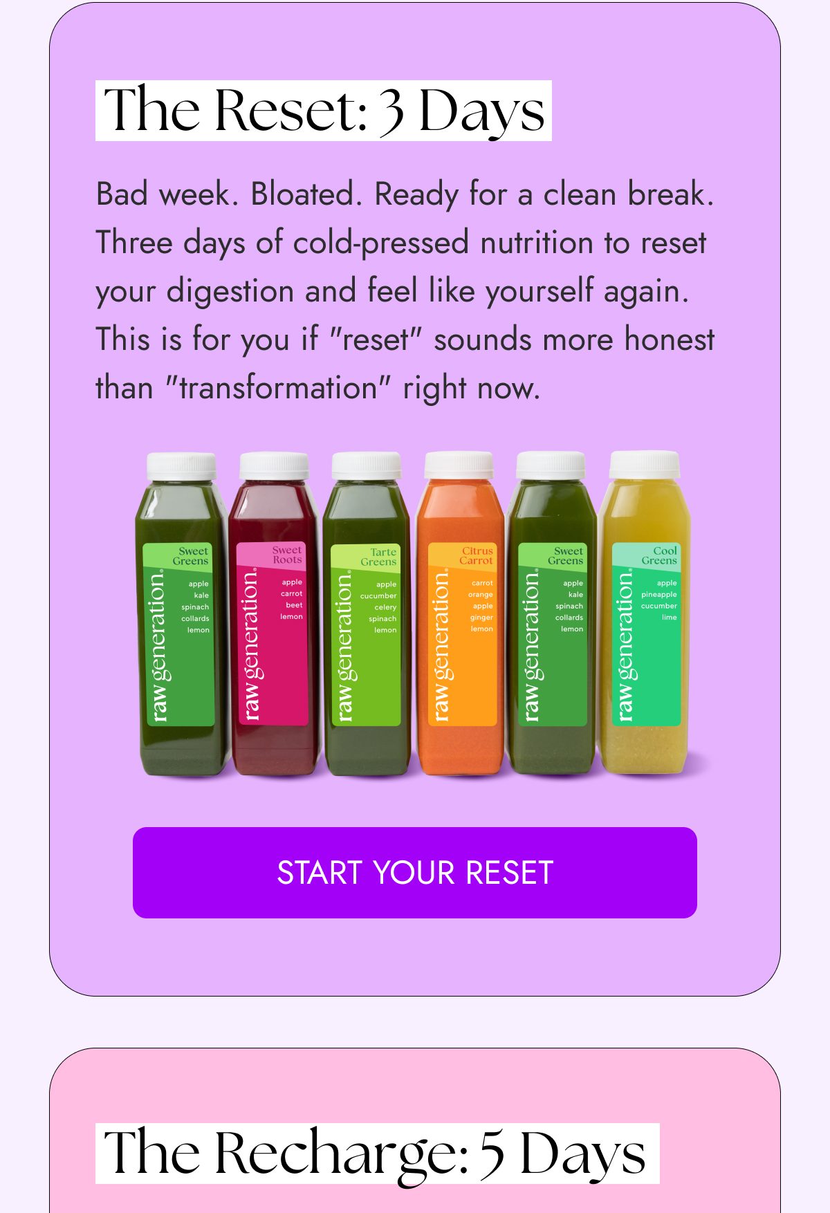 Juice bottles in various colors with text about a 3-day reset program for digestion.