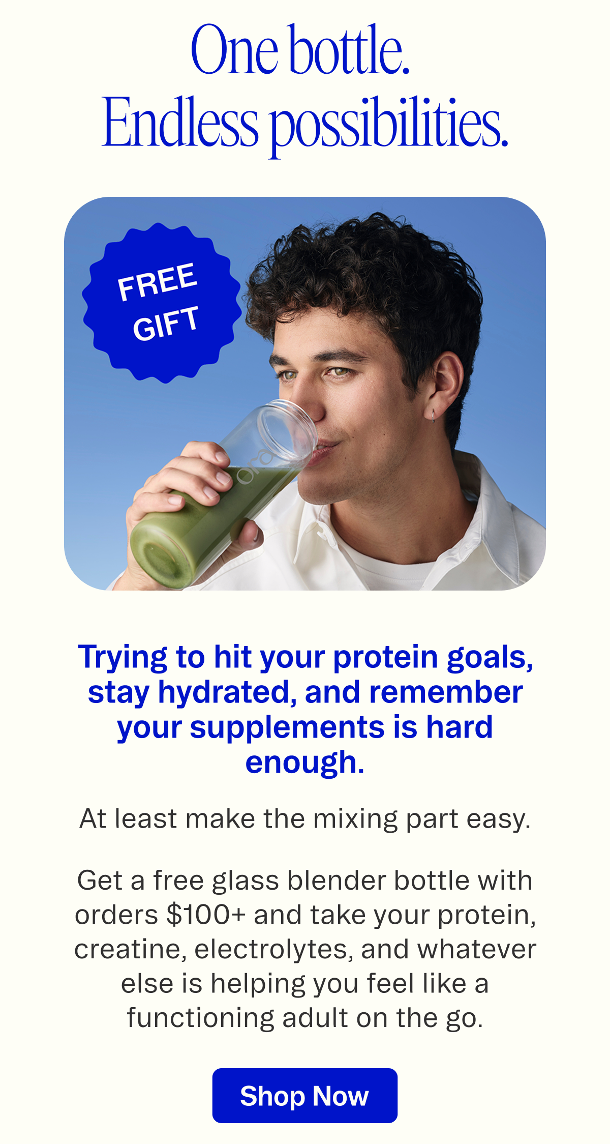 Get a free blender bottle with orders $100+