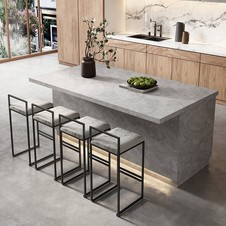 72" Japandi Kitchen lsland Gray & 4 Counter Stools Set Wooden Storage Kitchen Cabinet
