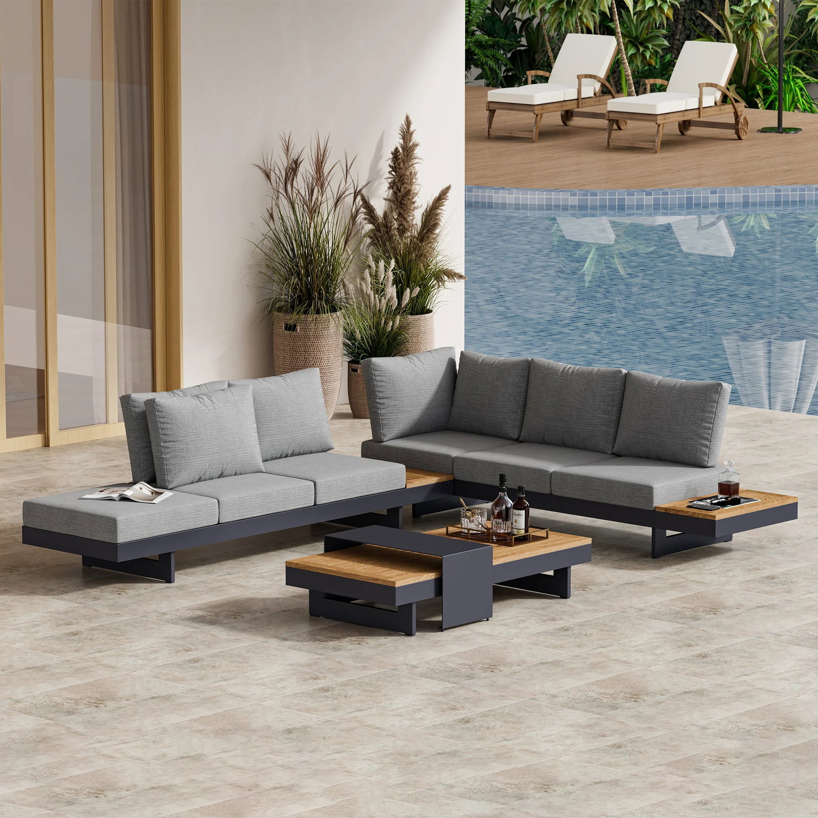Tevara 4-Piece Outdoor Teak & Aluminum Modular Sofa Set for 6 in Gray with Black Cover