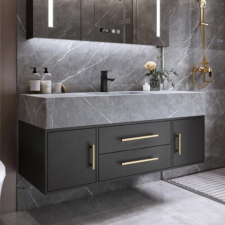 Bathroom Vanity Set 39.4" Modern Floating Sintered Stone Bathroom Vanity Black with Sink