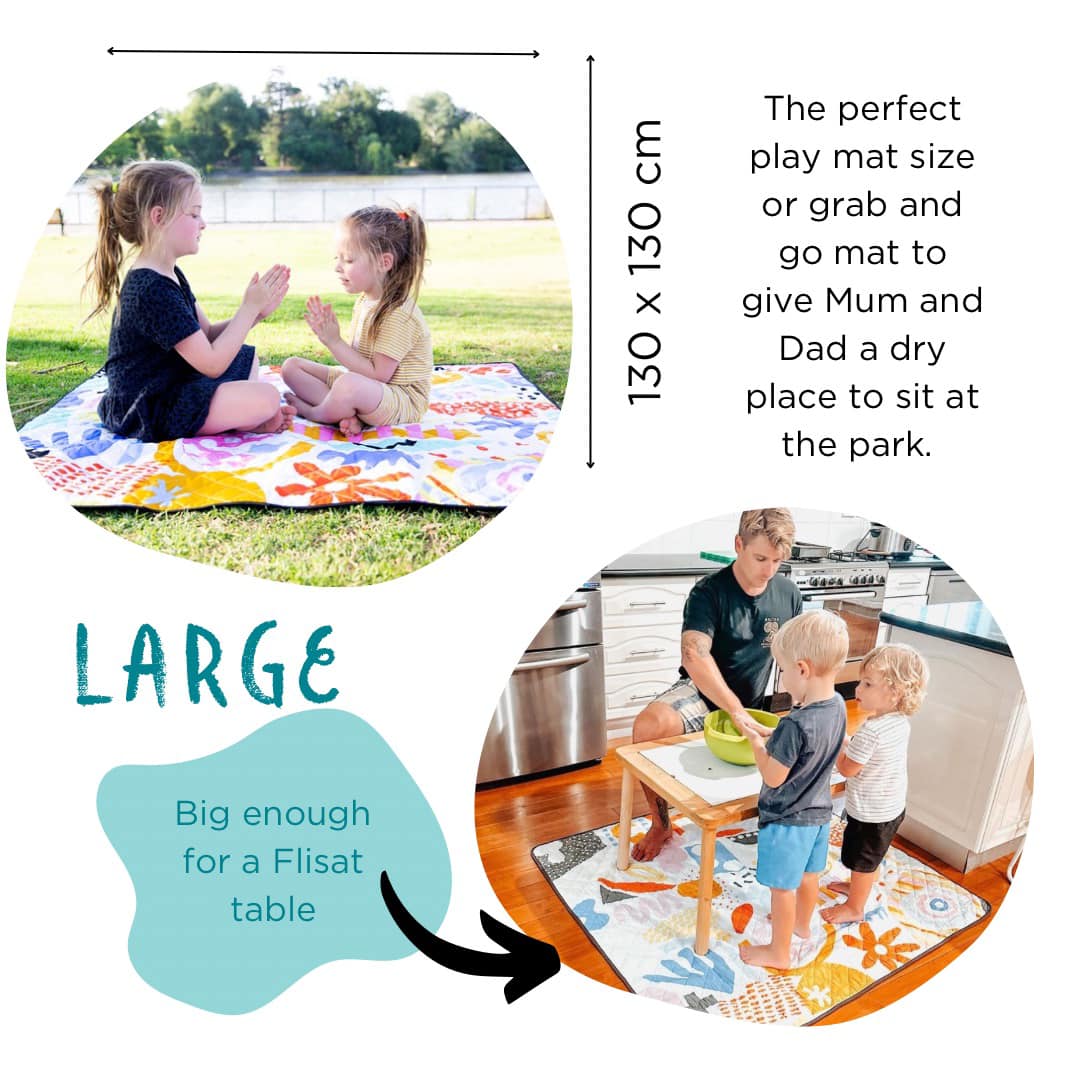 Large Play Mat (130cm x 130cm) – Great for messy play, park visits and protecting floors.