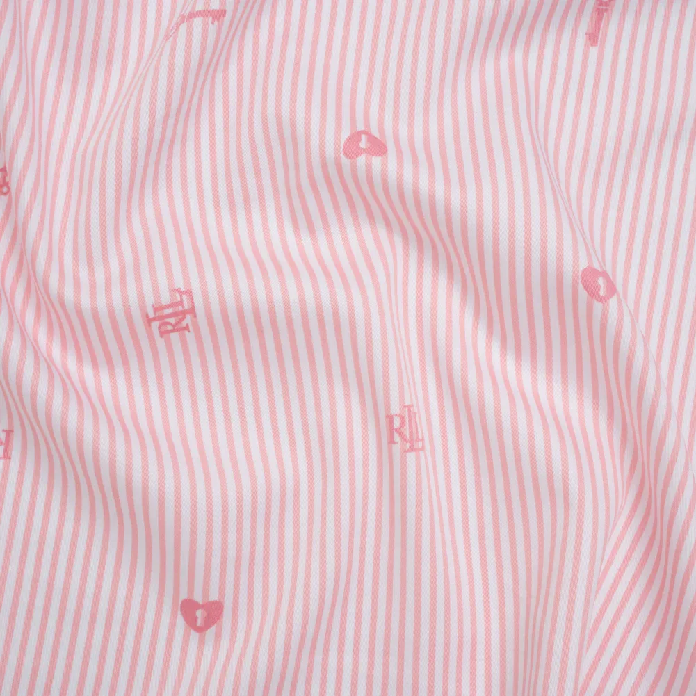 Image of Cotton and Rayon Woven Shirting by Ralph Lauren - Pink and White Candy Stripes with Locket Keys and Monograms - Deadstock