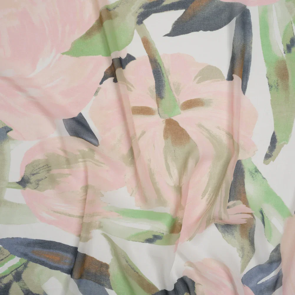 Image of Polyester Georgette - Baby Pink, Lime Green and Navy Blue Painterly Flowers - Designer Deadstock