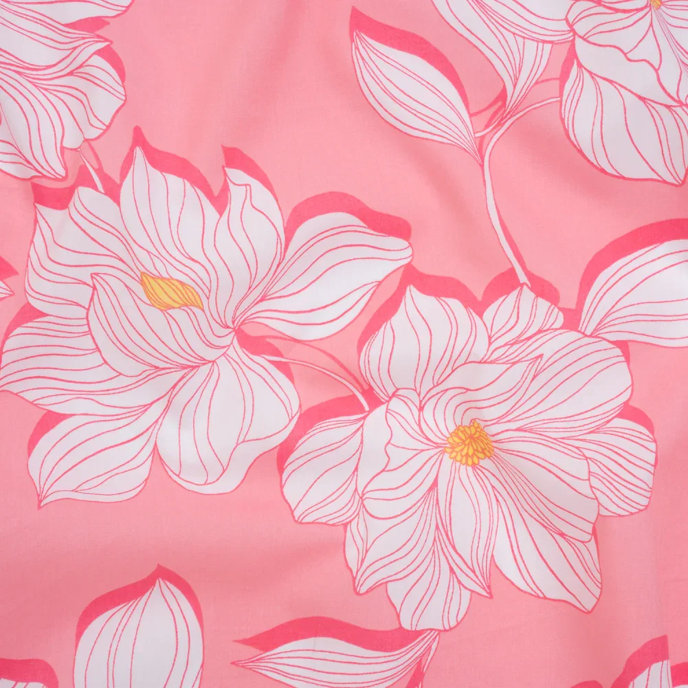 Image of Cotton and Rayon Woven Shirting Print - Baby Pink, Hot Pink and Yellow Blooms - Deadstock
