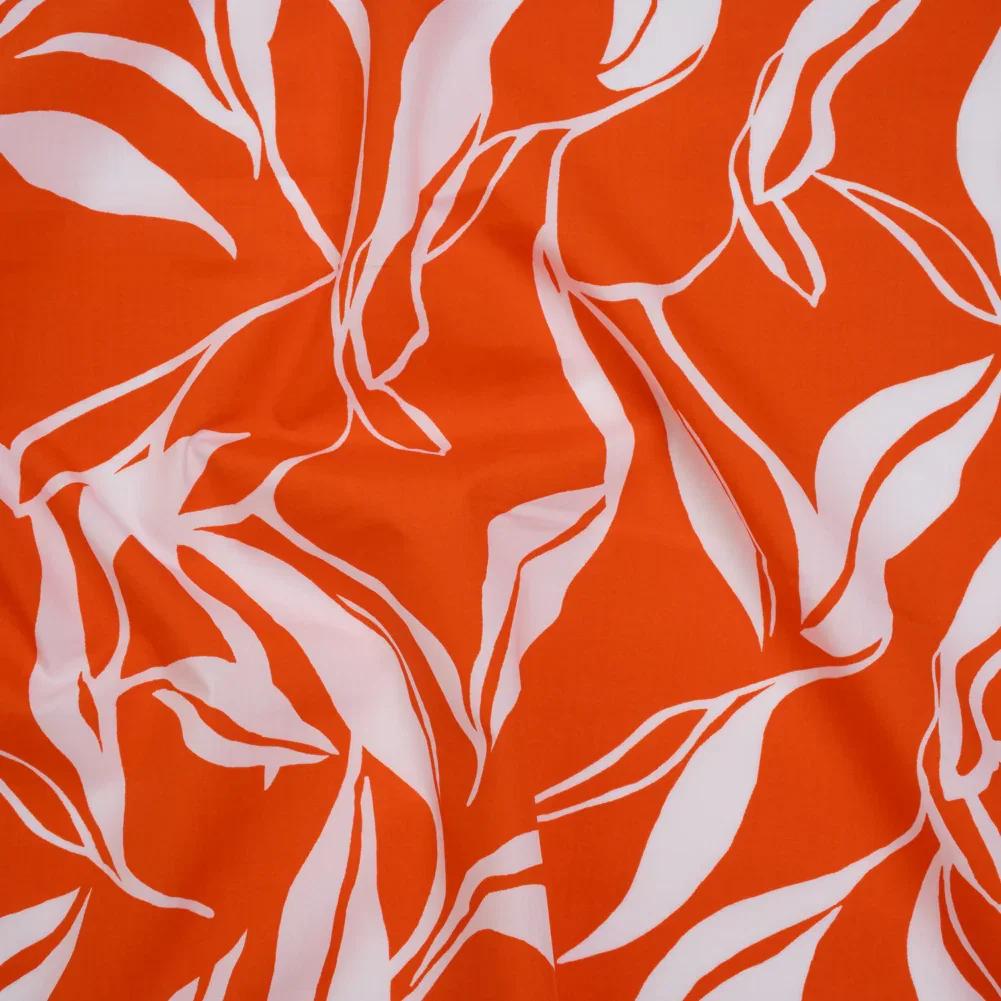 Image of Cotton Poplin Print - Red Orange and White Leaves - Designer Deadstock