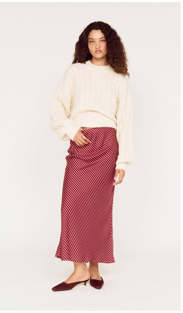 Burgundy Pinstripe Bias Midi Skirt