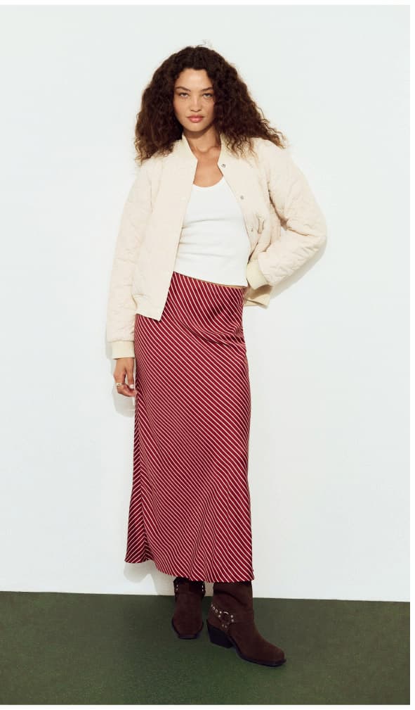 Burgundy Pinstripe Bias Midi Skirt