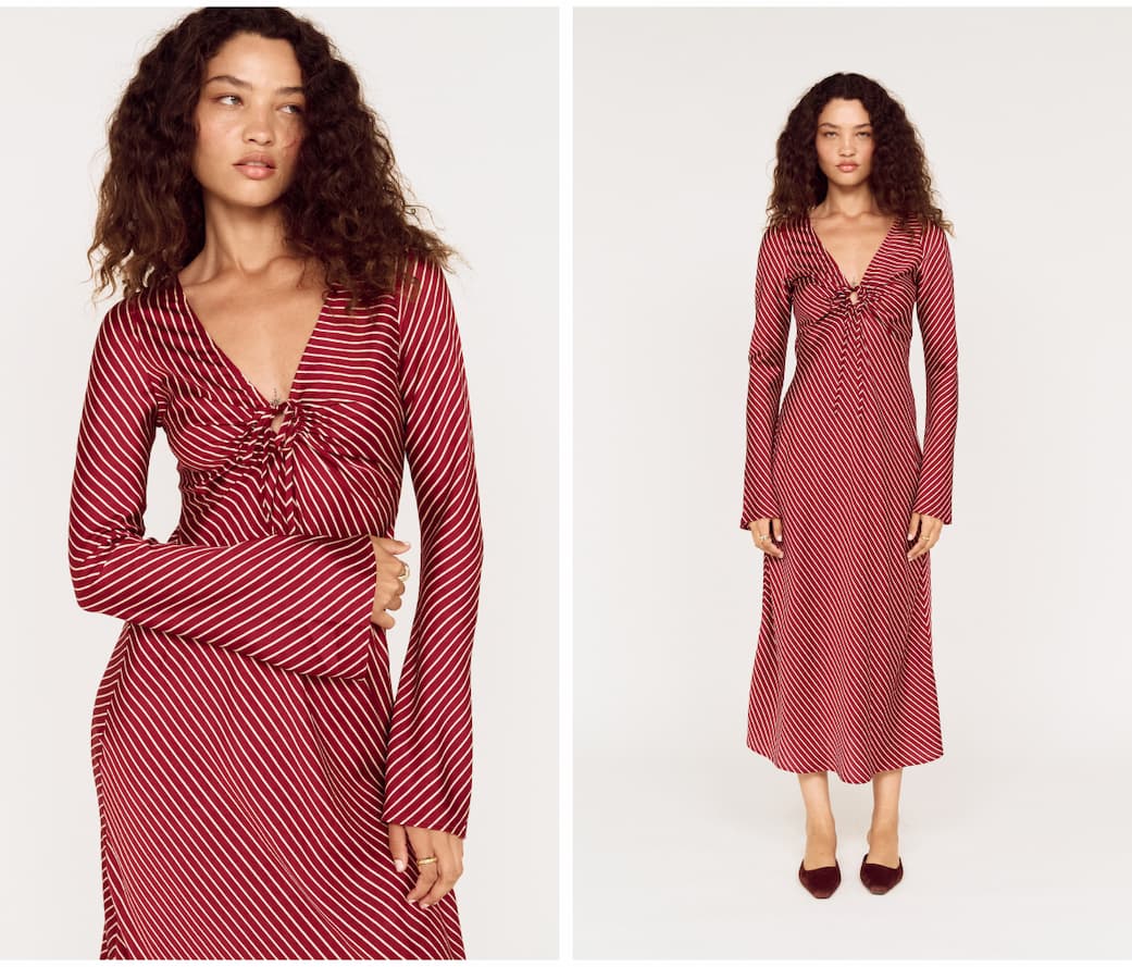 Burgundy Pinstripe Bias Cut Midi Dress