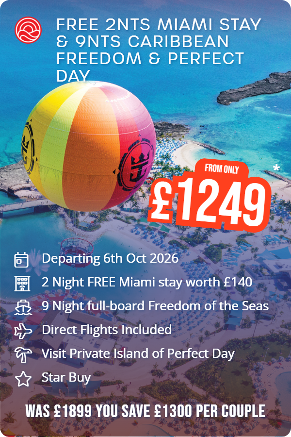 Free 2nts Miami Stay & 9nts Caribbean Freedom & Perfect Day – Smart Holiday promotional image. From £1,249 Includes: Departing 6th Oct 2026, 2 Night FREE Miami stay worth £140, 9 Night full-board Freedom of the Seas, Direct Flights Included, Visit Private Island of Perfect Day, Star Buy. WAS £1899 YOU SAVE £1300 PER COUPLE