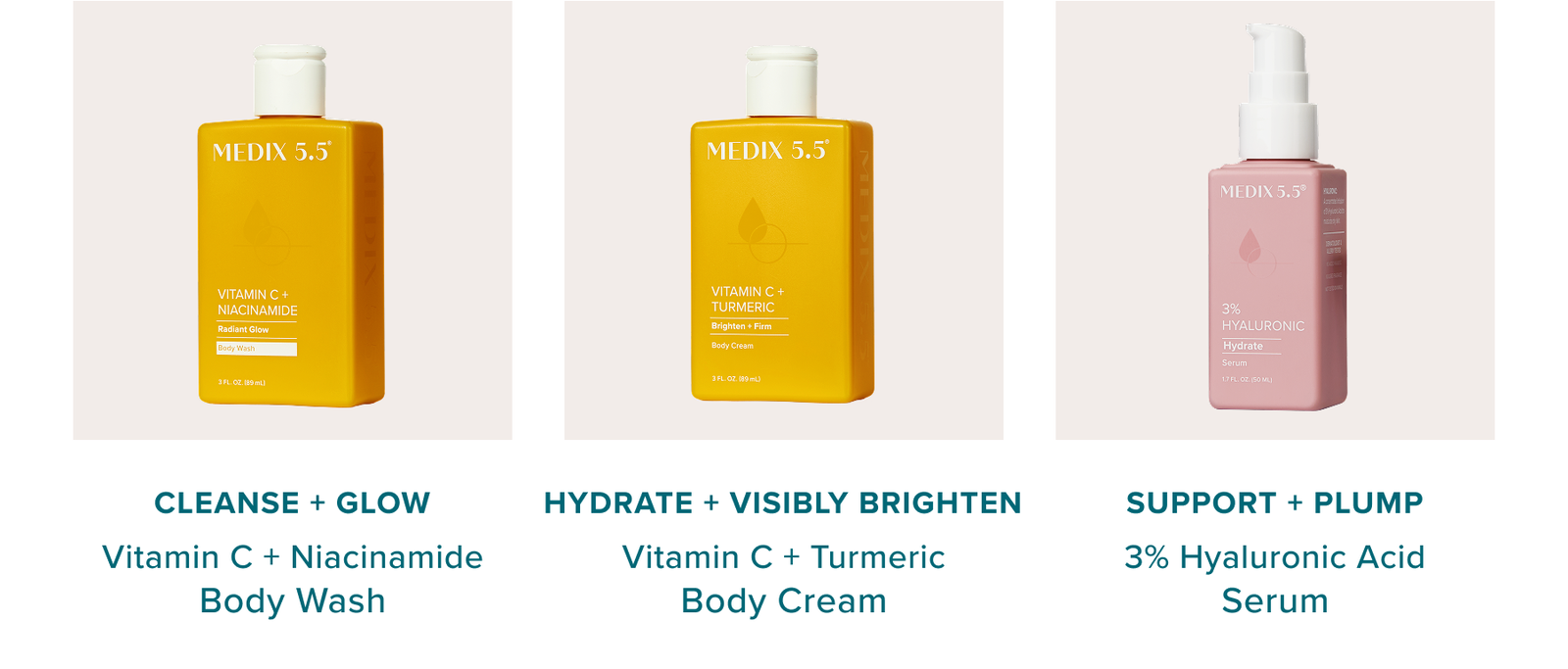 Cleanse + Glow with Vitamin C + Niacinamide Body Wash - Hydrate + Visibly Brighten with Vitamin C + Turmeric Body Cream - Support + Plump with 3% Hyaluronic Acid Serum