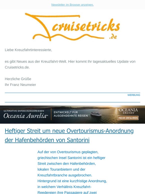 News, u.a.: "Heftiger Streit um neue Overtourismus-Anordnung der Hafenbehörden von Santorini" - von cruisetricks.de
