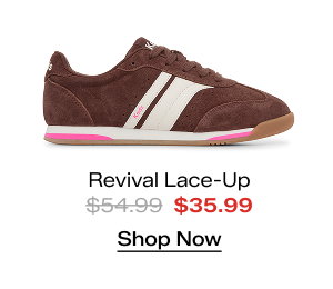 A side view of the Revival Suede/Leather Lace-Up in chocolate/egret which was $54.99  and is now $35.99 for a limited time. Shop Now.