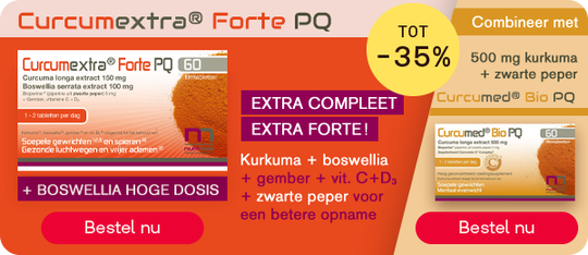 Curcumextra Forte PQ en Curcumed Bio tot -35%, knop “Bestel nu”.