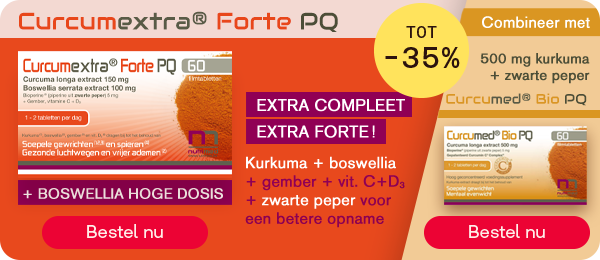 Curcumextra Forte PQ en Curcumed Bio tot -35%, knop “Bestel nu”.
