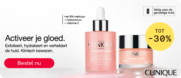 Clinique Moisture Surge verzorging tot -30% voor hydratatie, knop “Bestel nu”.
