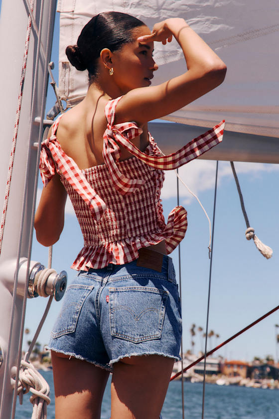 Image of 501 Original High Rise Medium Wash Distressed Denim Shorts