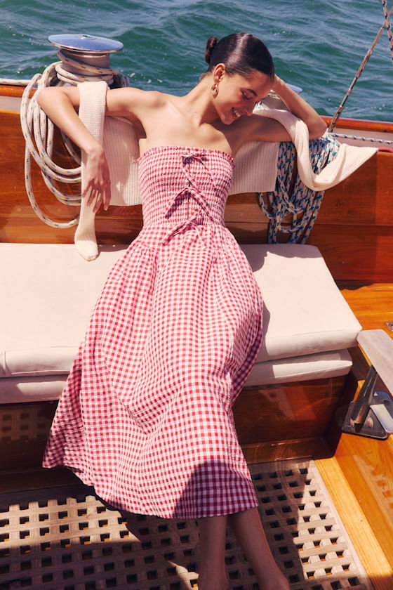 Image of Clementina Red Gingham Smocked Midi Dress