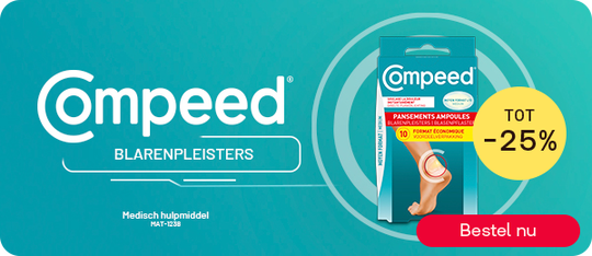 Compeed blarenpleisters tot -25%, medisch hulpmiddel, knop “Bestel nu”.
