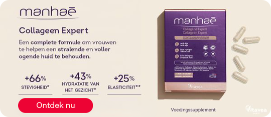 Manhaé Collageen Expert supplement voor huidelasticiteit, knop “Bestel nu”.